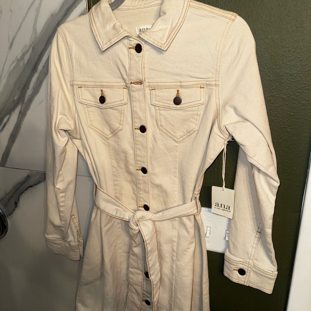 Cream Button-Up Belted Dress